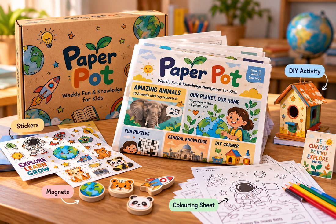 A Paper Pot box with the weekly newspaper, stickers, magnets, a DIY activity and a colouring sheet